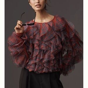 Anthropologie Ruffle Plaid Crew-Neck Blouse